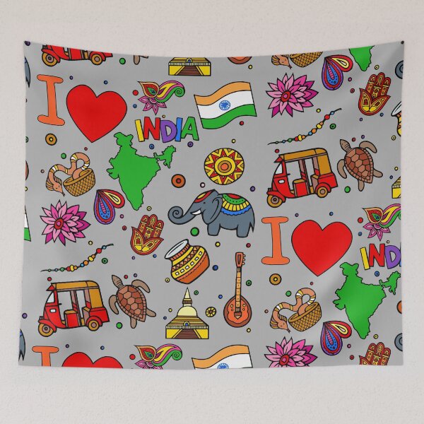 Item preview, I love India. Hand drawn Indian doodle elements, flag and map designed and sold by mashmosh.