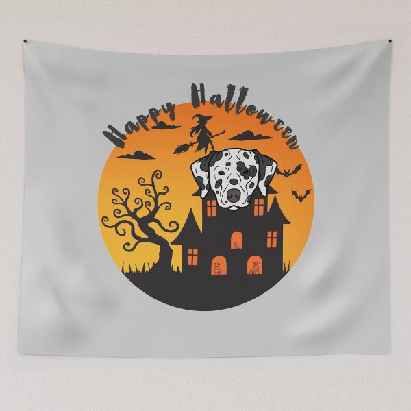 Item preview, Dalmatian Dog Head with Haunted Mansion and Happy Halloween Sign designed and sold by SeasonalDogs.