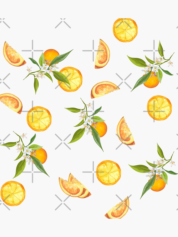 Pegatina «Patrón de naranjas naranjas caprichosas con hojas y rodajas