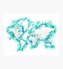 Detailed world map in aquamarine watercolor Photographic Print