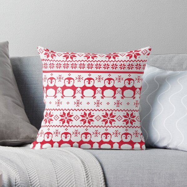 Red Scandinavian Penguin Holiday Design Throw Pillow