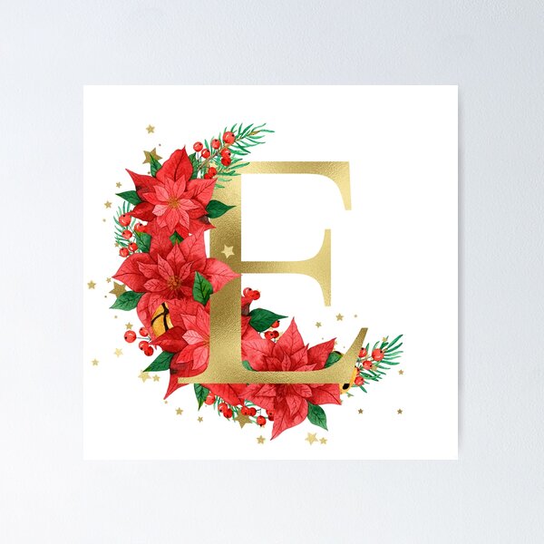 Item preview, Gold Letter "E" With Christmas Poinsettia Wreath designed and sold by Beneficial Art.