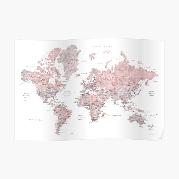 Muted pink and taupe detailed world map Poster