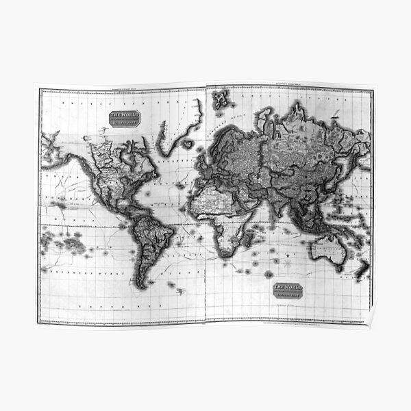 "Black and White World Map (1812)" Poster for Sale by BravuraMedia