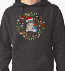 Christmas Totoro in Green - Holiday, Xmas, Presents, Peppermint, Candy Cane, Mistletoe, Snowflake, Poinsettia, Anime, Catbus, Soot Sprite, Blue, White, Manga, Hayao Miyazaki, Studio Ghibl Pullover Hoodie