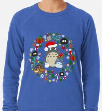 Weihnachten Totoro im Grün - Feiertag, Weihnachten, Geschenke, Pfefferminz, Zuckerstange, Mistelzweig, Schneeflocke, Poinsettia, Anime, Catbus, Ruß Sprite, Blau, Weiß, Manga, Hayao Miyazaki, Studio Ghibl Leichter Pullover