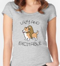 Camiseta entallada de cuello redondo Perezoso y excitable (Sloth Riding Corgi)