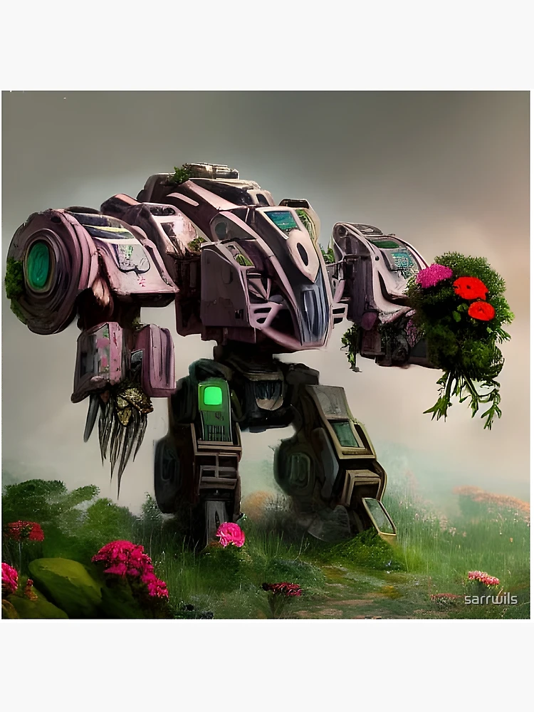 Giant Robot Holding a Bouquet of Flowers and Walking through a