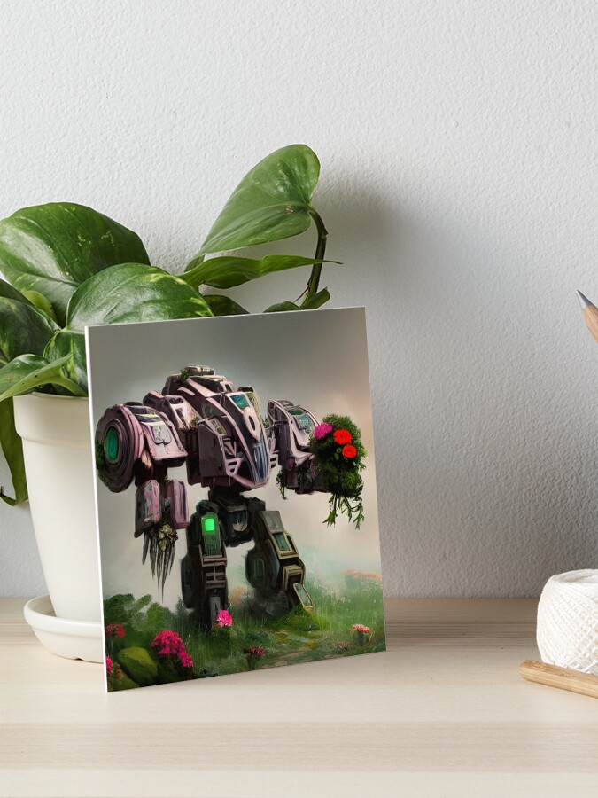 Giant Robot Holding a Bouquet of Flowers and Walking through a