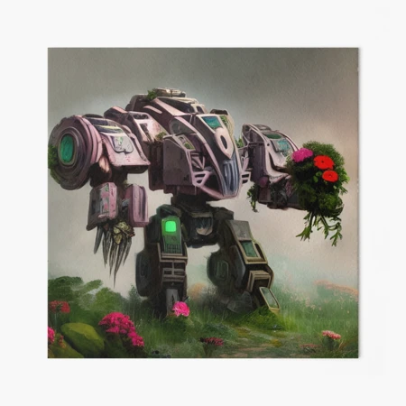 Giant Robot Holding a Bouquet of Flowers and Walking through a