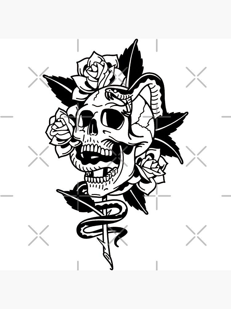Black and White ink drawing Skull With Roses - Black And White - Sticker
