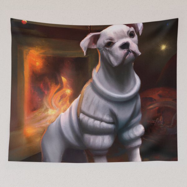 Item preview, Adorable White Boxer Dog in Sweater Enjoying a fire designed and sold by DiatomDesigns.