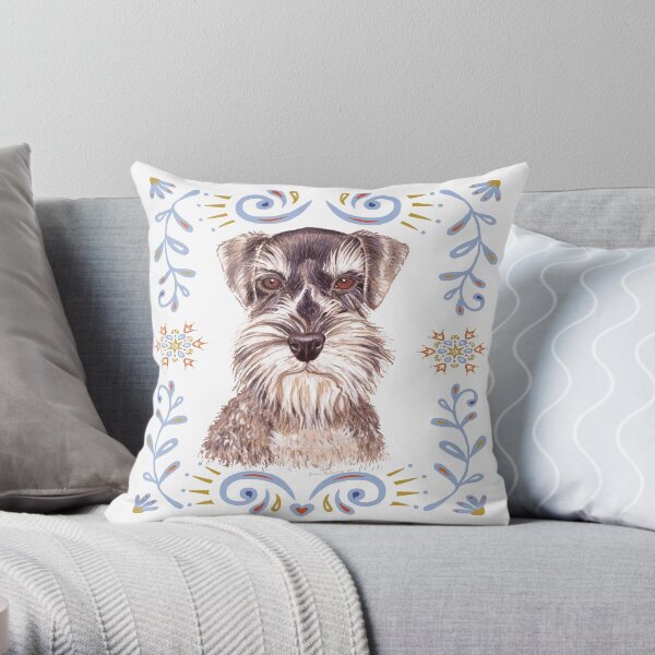 Miniature Schnauzer with Floral Border Throw Pillow