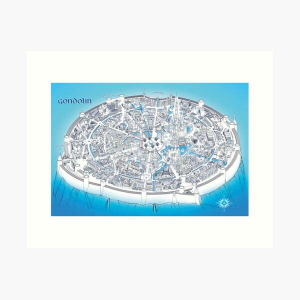 Fantasy City Gondolin in Blue (street labels) Art Print