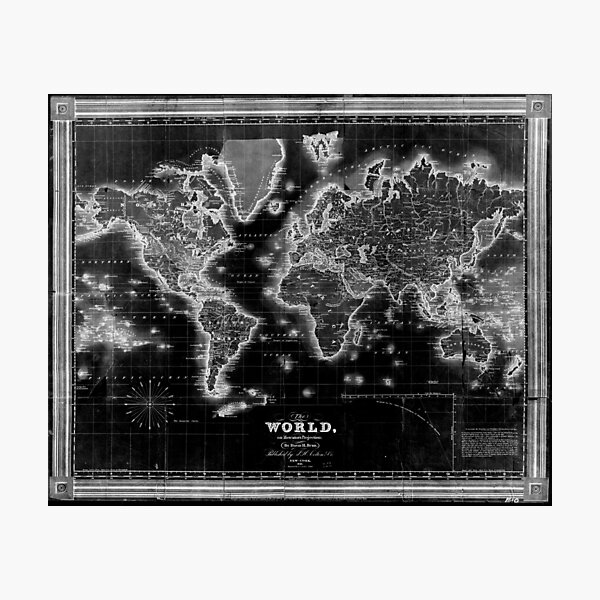 Black and White World Map (1840) Inverse Photographic Print