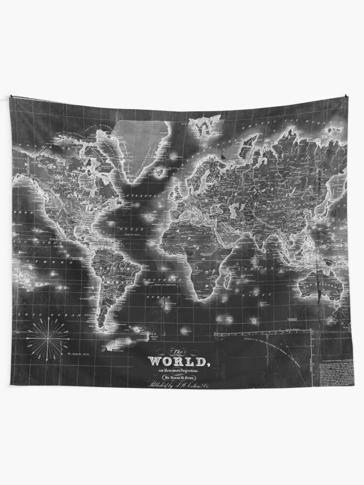 Alternate view of Black and White World Map (1840) Inverse Tapestry