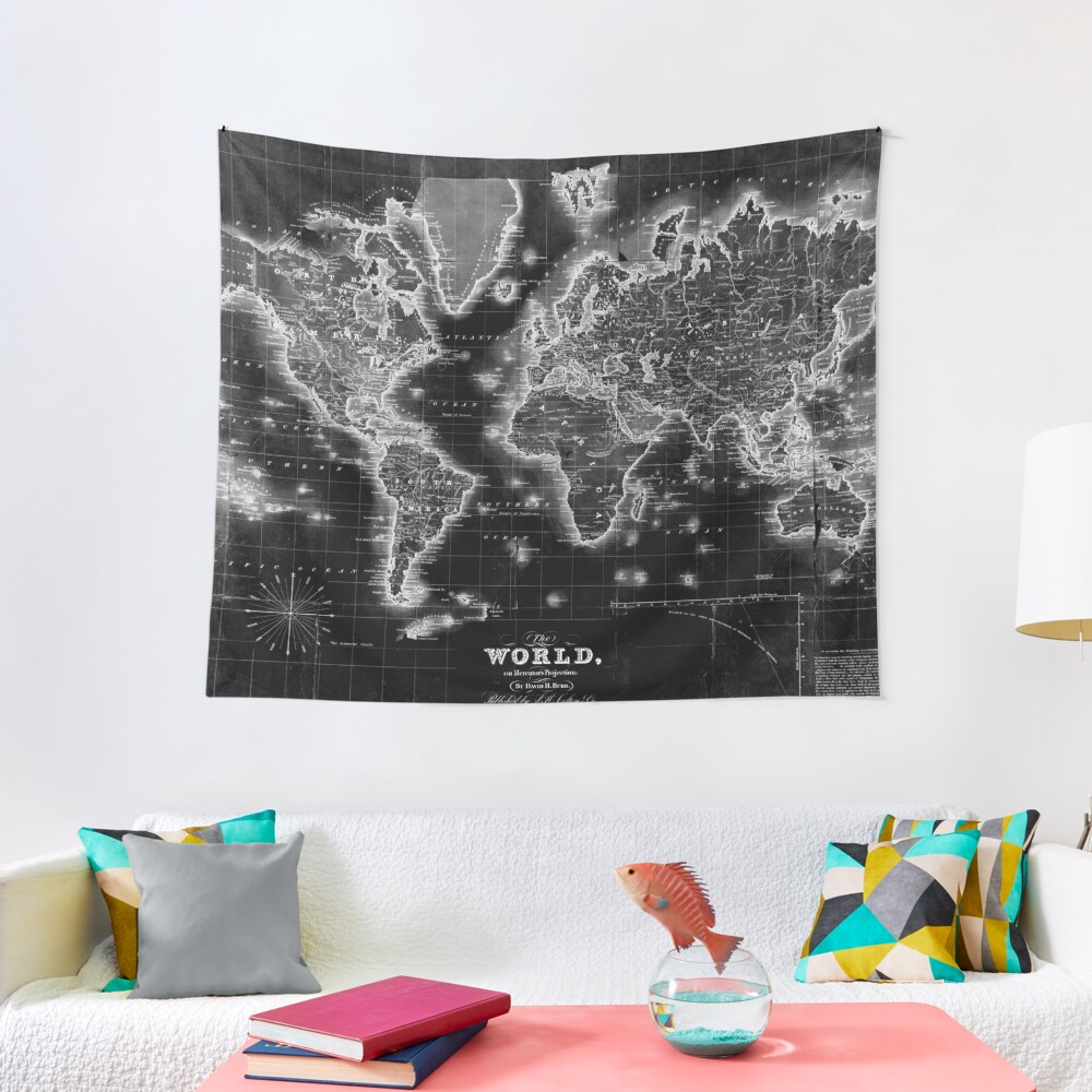 Black and White World Map (1840) Inverse Tapestry