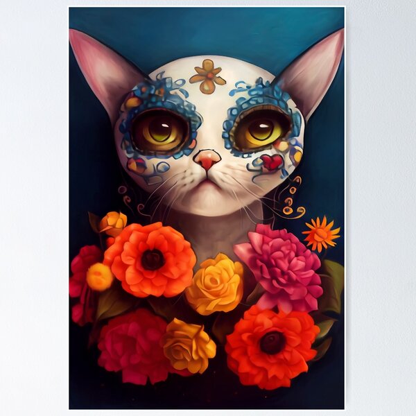 Item preview, Day of the Dead Cat with Flowers #3, AI-Generated Art designed and sold by AiHolidayArt.