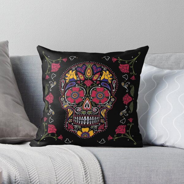 Day of the Dead Sugar Skull Dark Throw Pillow