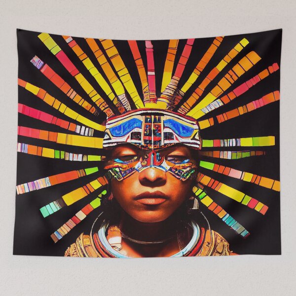 Item preview, AZTEC PORTRAIT ETNIC CYBERPUNK TECHNOLOGY POP INDIOS TRIBE colorful ornament rays designed and sold by DRK7DSGN.