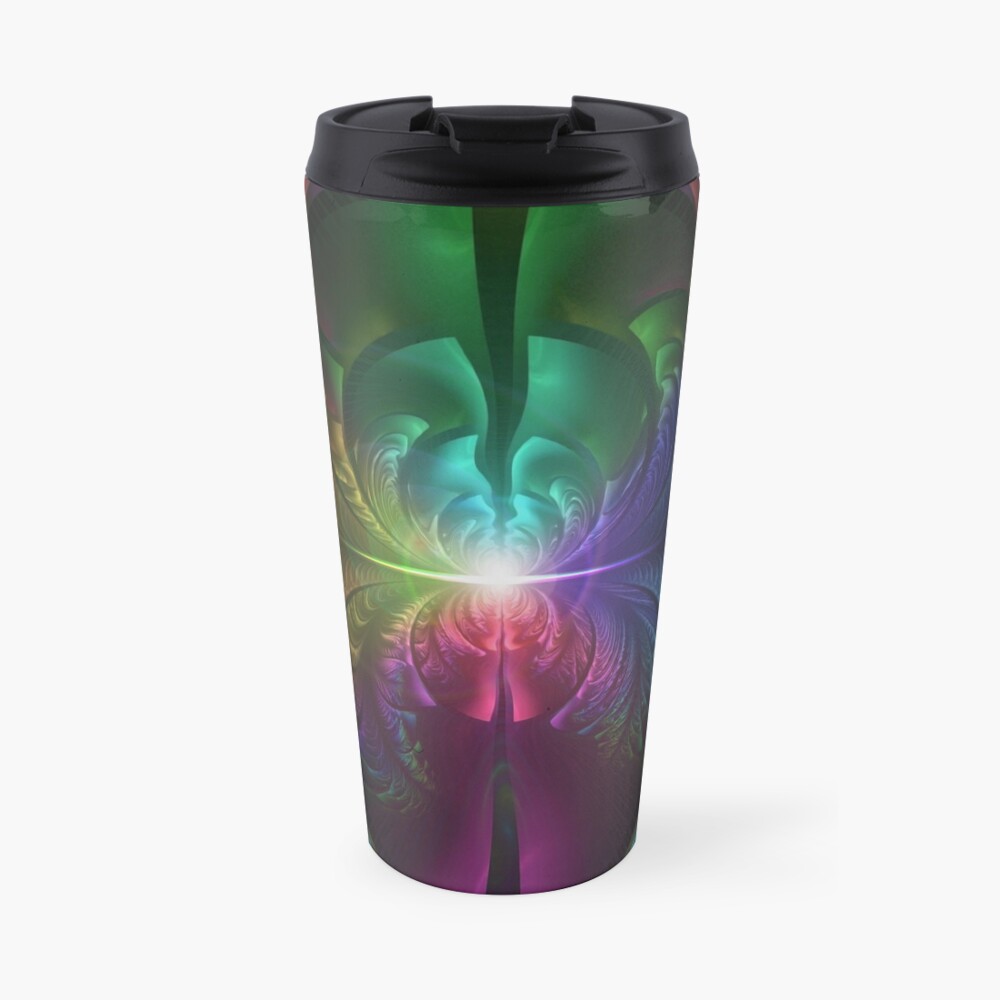 Anodized Rainbow Eyes and Metallic Fractal Flares Travel Mug