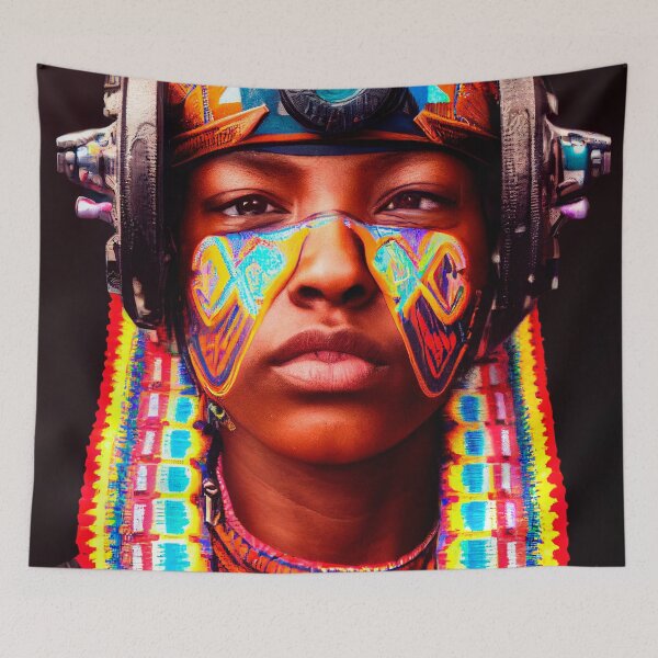Item preview, AZTEC PORTRAIT ETNIC CYBERPUNK TECHNOLOGY POP INDIOS AFRICAN TRIBE colorful ornament painted face designed and sold by DRK7DSGN.