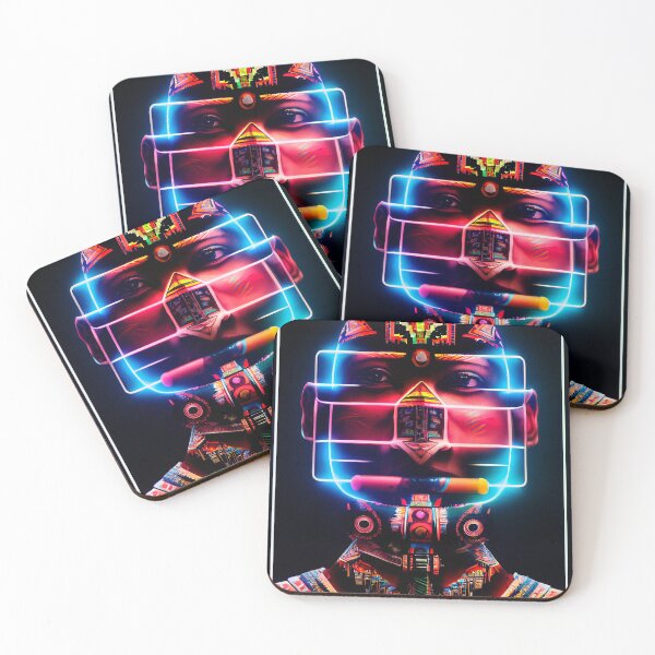 Item preview, AZTEC PORTRAIT ETNIC CYBERPUNK TECHNOLOGY POP INDIOS AFRICAN TRIBE colorful ornament neon lights grid designed and sold by DRK7DSGN.