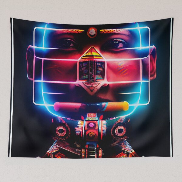 Item preview, AZTEC PORTRAIT ETNIC CYBERPUNK TECHNOLOGY POP INDIOS AFRICAN TRIBE colorful ornament neon lights grid designed and sold by DRK7DSGN.