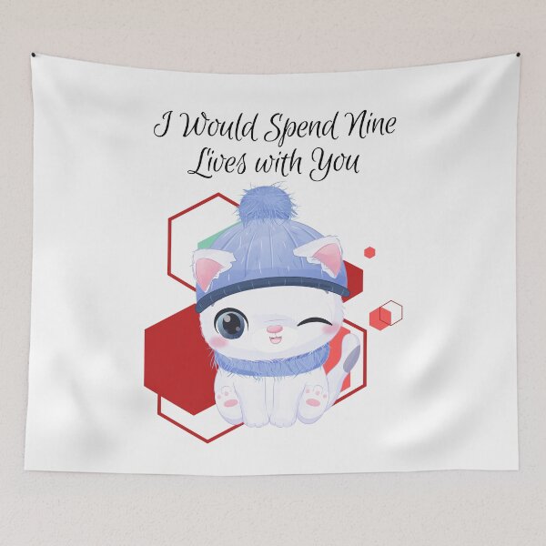 Item preview, I would spend Nine Lives with You - White calm cat cartoon with hat, and scarf - cat - red geometric background - cartoon aesthetic - Adorable designed and sold by Mechanical-Artt.