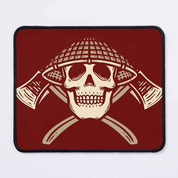 Item preview, Red Skull in a Farmer's Hat Carrying Two Axes in Vintage Style Illustration designed and sold by rukurustudio.