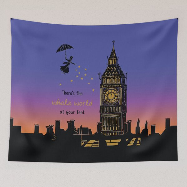 Item preview, Mary Poppins Whole World at your Feet Sunset Silhouette Linocut designed and sold by Maddy Bennett.