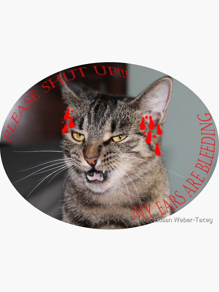 Please Shut Up!!! My Ears Are Bleeding, Funny cat with bleeding ears  Sticker for Sale by susan tacey