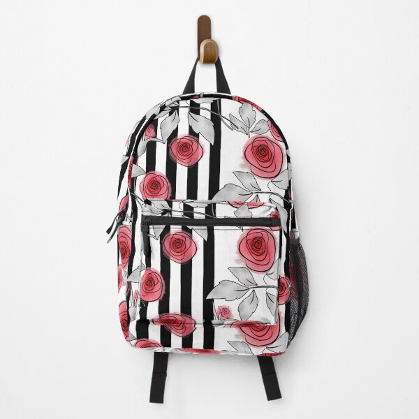 Item preview, Red roses on black and white striped background. designed and sold by fuzzyfox.