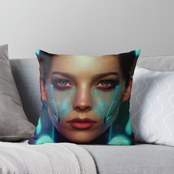 Item preview, BROWN EYES BEAUTIFUL GIRL PORTRAIT ETNIC CYBERPUNK RETRO WAVE POP ART STYLE colorful light blue mask designed and sold by DRK7DSGN.