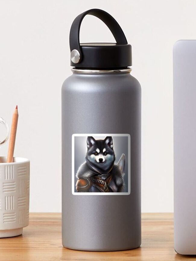 Aperçu 1 sur 3. Sticker avec l'œuvre AI Generated Art, War Husky/Pomsky créée et vendue par RabbitHoleMI.