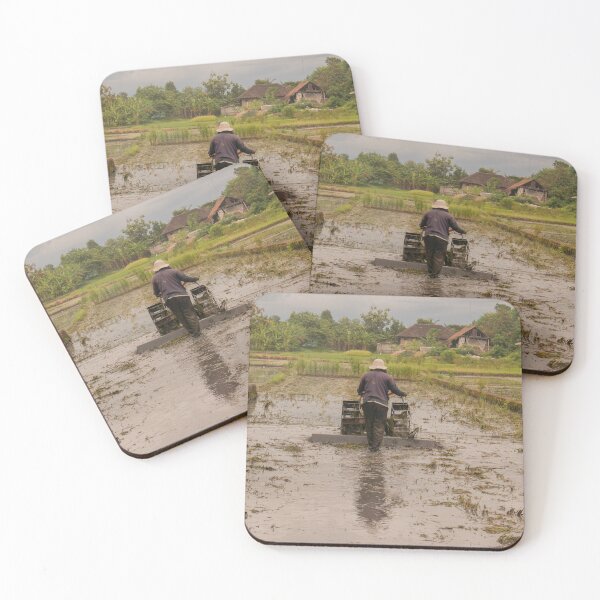 Item preview, A man in backside view plows a village rice field. designed and sold by kall3bu.