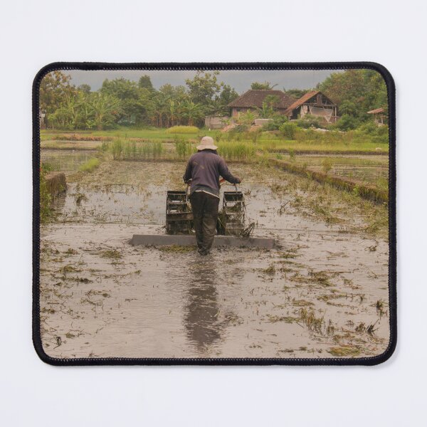 Item preview, A man in backside view plows a village rice field. designed and sold by kall3bu.