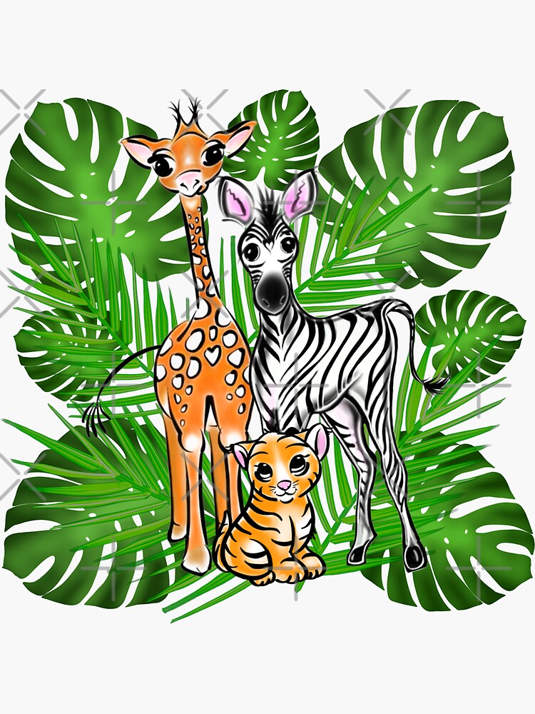 "Safari friends, Giraffe, Zebra and Lion cub - tropical foliage