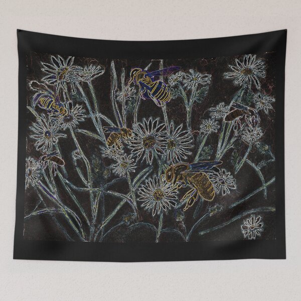 Artikelvorschau, Bienen in den wilden Gänseblümchen, digitale Neonkunst entworfen und verkauft von The Elderberry Blossom.