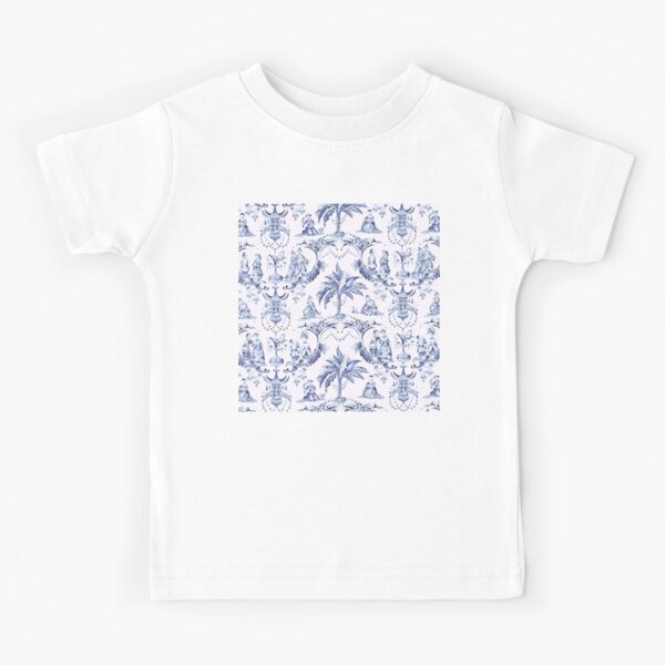 Kid's Long-Sleeved T-Shirt Blue Cotton Jersey with Faded Toile de Jouy  Print