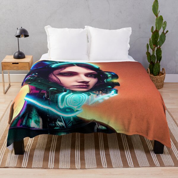 Item preview, FUTURISTIC GIRL PORTRAIT ETNIC CYBERPUNK RETRO WAVE POP ART STYLE colorful pink orange blue neon light designed and sold by DRK7DSGN.