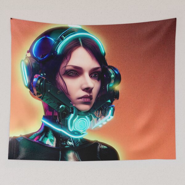 Item preview, FUTURISTIC GIRL PORTRAIT ETNIC CYBERPUNK RETRO WAVE POP ART STYLE colorful pink orange blue neon light designed and sold by DRK7DSGN.