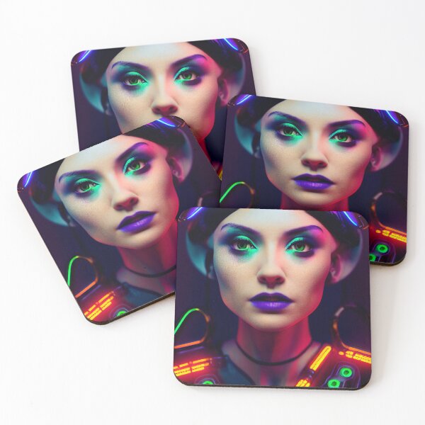 Item preview, POP ART BEAUTIFUL WOMAN PORTRAIT ETNIC CYBERPUNK RETRO WAVE colorful purple green blue glowing neon light makeup designed and sold by DRK7DSGN.