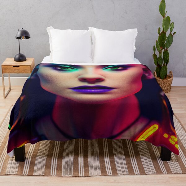 Item preview, POP ART BEAUTIFUL WOMAN PORTRAIT ETNIC CYBERPUNK RETRO WAVE colorful purple green blue glowing neon light makeup designed and sold by DRK7DSGN.