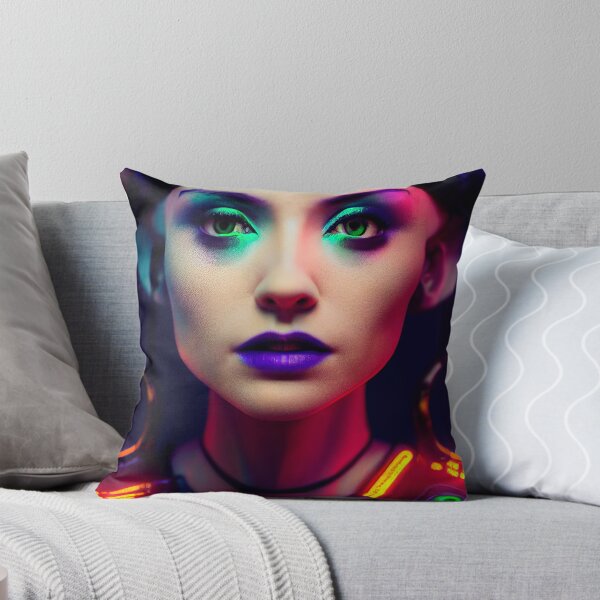 Item preview, POP ART BEAUTIFUL WOMAN PORTRAIT ETNIC CYBERPUNK RETRO WAVE colorful purple green blue glowing neon light makeup designed and sold by DRK7DSGN.