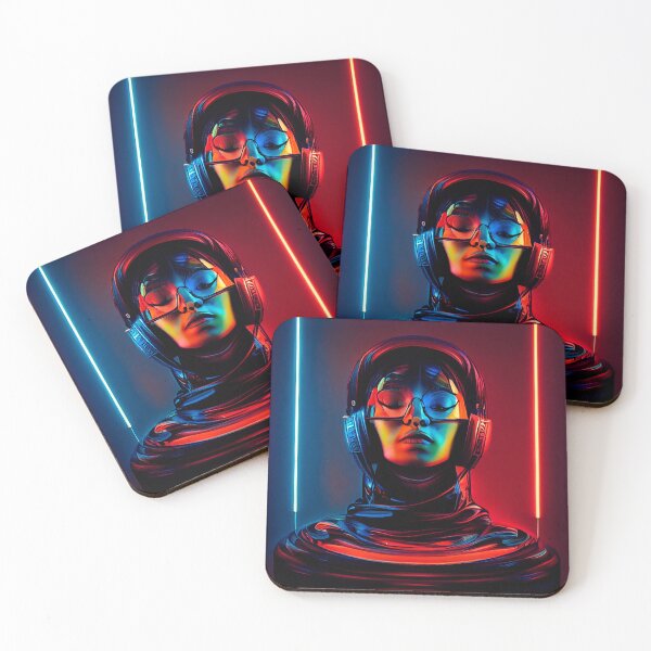 Item preview, POP ART WOMAN HEADPHONES PORTRAIT ETNIC CYBERPUNK RETRO WAVE colorful purple green blue glowing neon light designed and sold by DRK7DSGN.