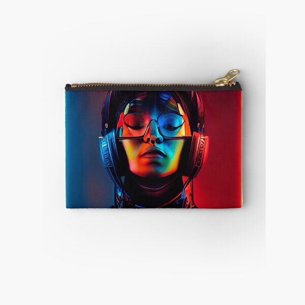 Item preview, POP ART WOMAN HEADPHONES PORTRAIT ETNIC CYBERPUNK RETRO WAVE colorful purple green blue glowing neon light designed and sold by DRK7DSGN.