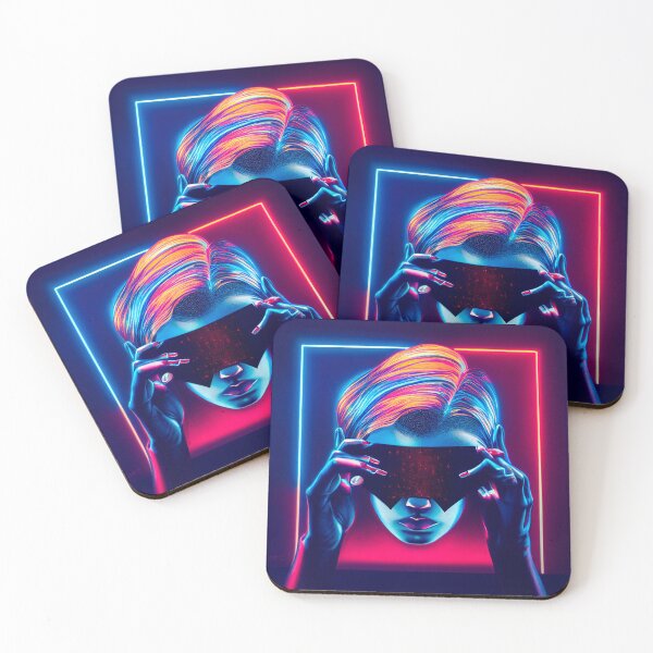 Item preview, POP ART WOMAN SUNGLASSES PORTRAIT ETNIC CYBERPUNK RETRO WAVE colorful purple blue glowing neon light designed and sold by DRK7DSGN.