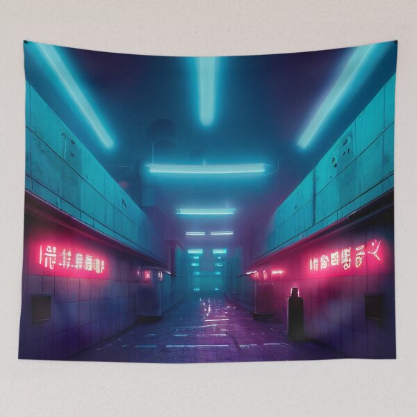 Item preview, SUBWAY METRO PASSAGEWAY CYBERPUNK RETRO WAVE colorful pink blue glowing neon lights designed and sold by DRK7DSGN.