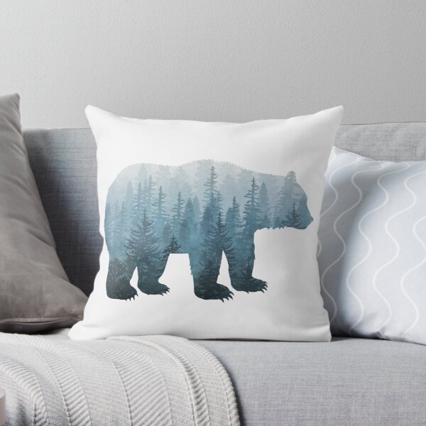 Misty Forest Bear - Turquoise Throw Pillow